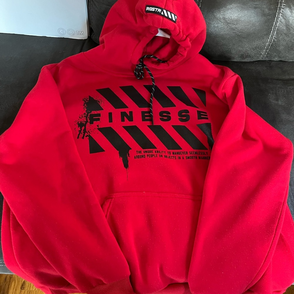 Red hoodies with decals on them